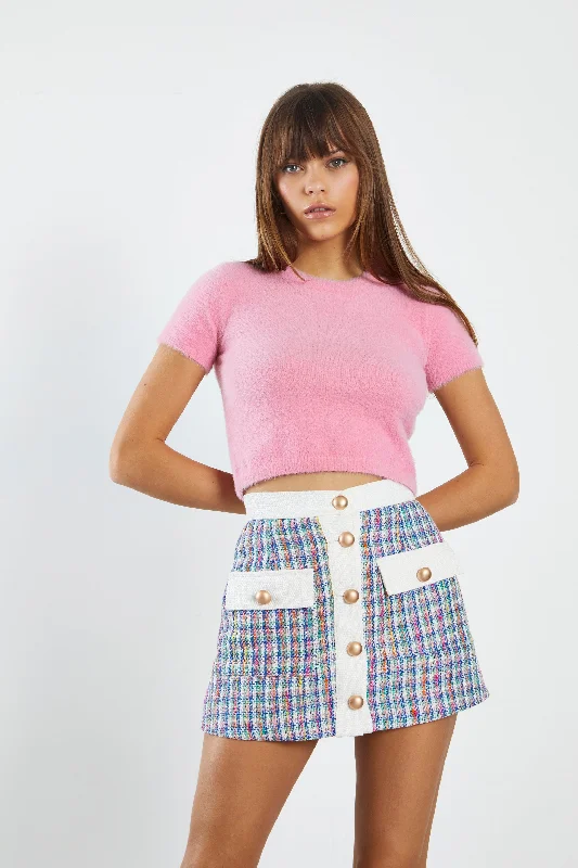 Glamorous Multi Tweed White Mini Skirt with Contrast Pockets & Waistband