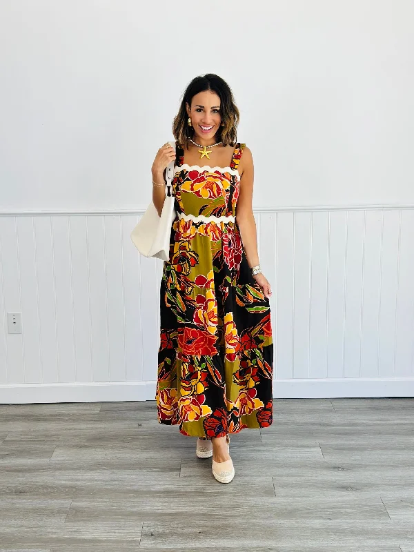 Dark Brown Floral Midi Dress (Reg & Plus)