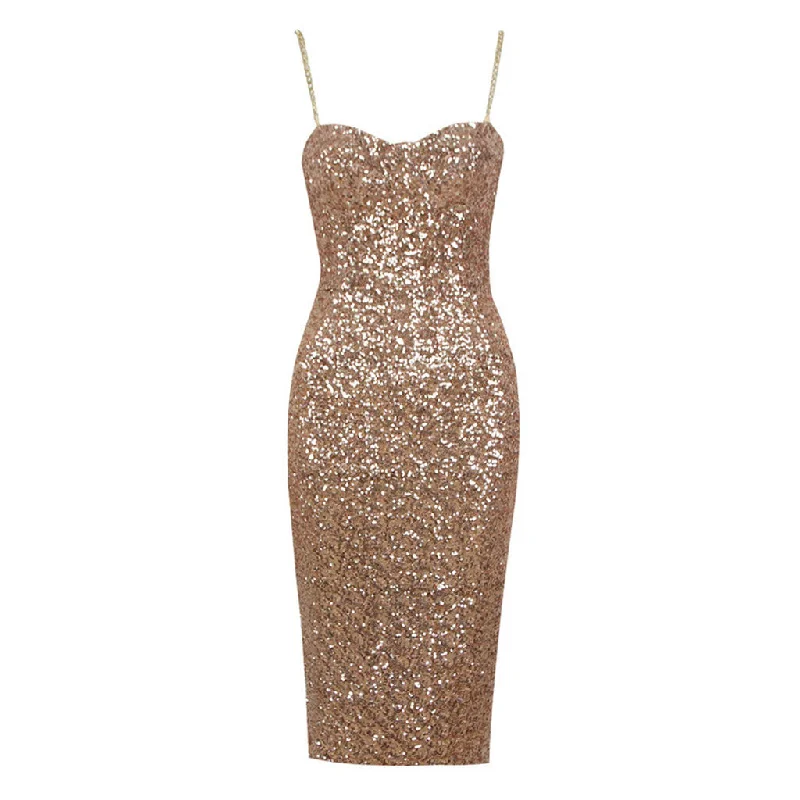 Sparkly Metallic Chain Strap Sweetheart Bustier Bodycon Sequin Midi Dress Best midi dresses for casual wear