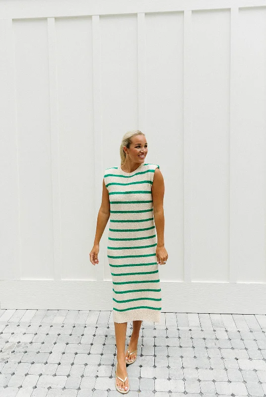 Stay Happy Midi Dress - Ecru/Emerald Lightweight midi dresses for hot weather