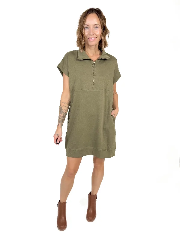 Wheat Fields 1/2 Zip Midi Dress- OLIVE-FINAL SALE Casual midi dresses