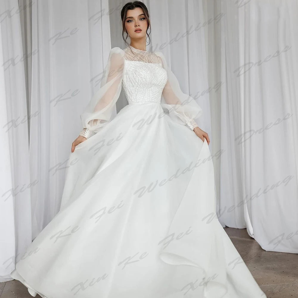 Wedding Dresses Beautiful Round Neck Fluffy Long Sleeves Fluffy Princess