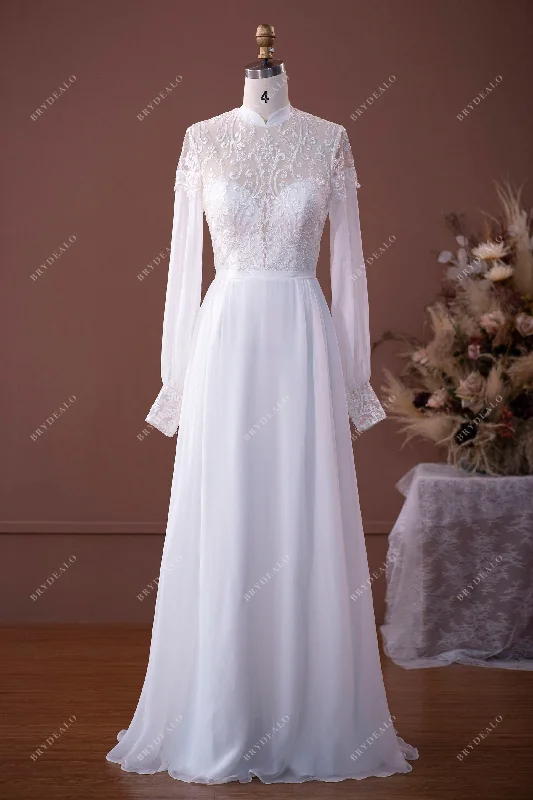 High Neck Sheer Sleeves Lace Chiffon Floor Length Destination Wedding Dress