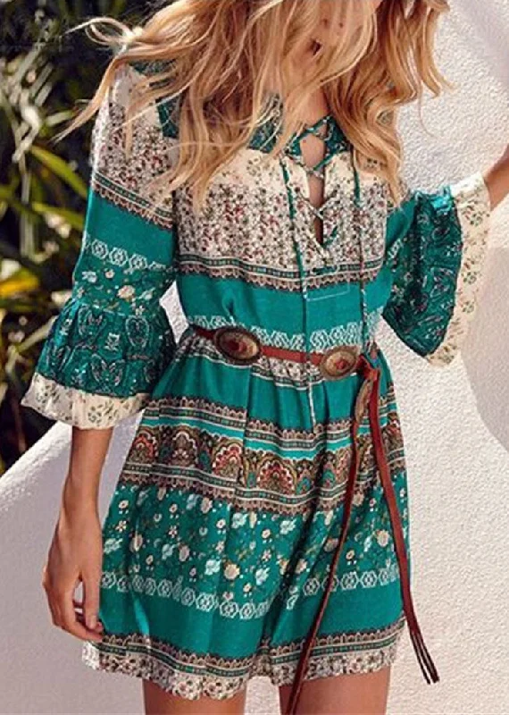 Bohemian Green Print Lace Up Chiffon Vacation Mid Dresses Flare Sleeve