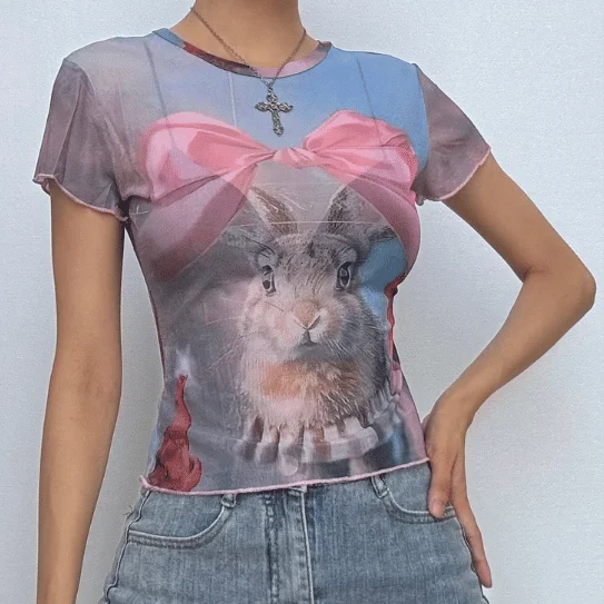 Crew neck short sleeve mesh rabbit print top