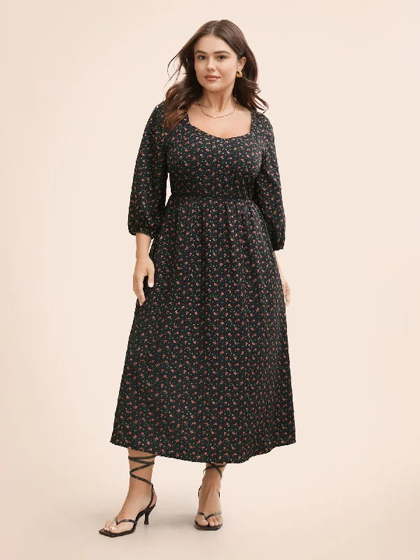 Ditsy Floral Heart Neckline Lantern Sleeve Dress