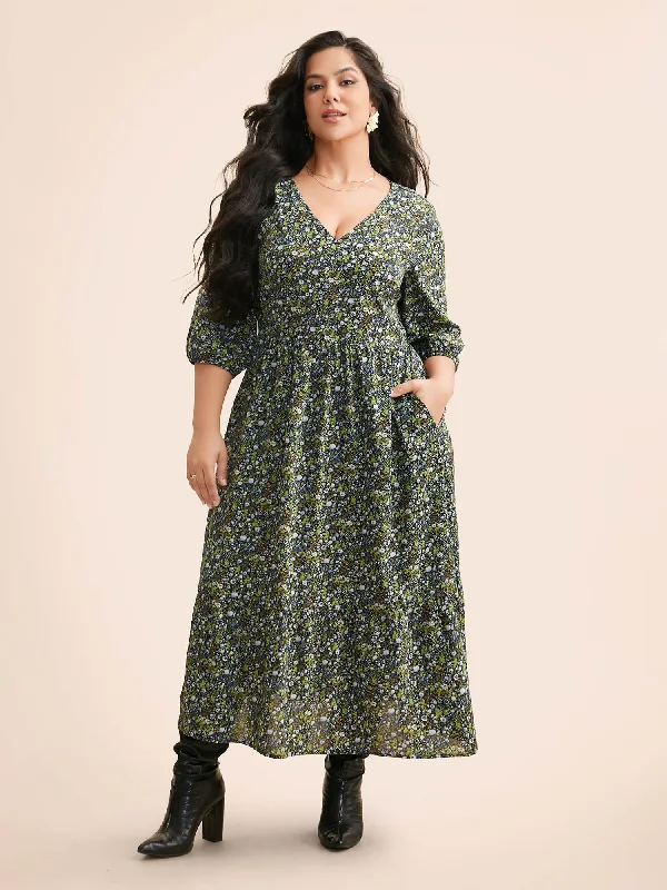 Ditsy Floral Lantern Sleeve Ruffle Hem Dress