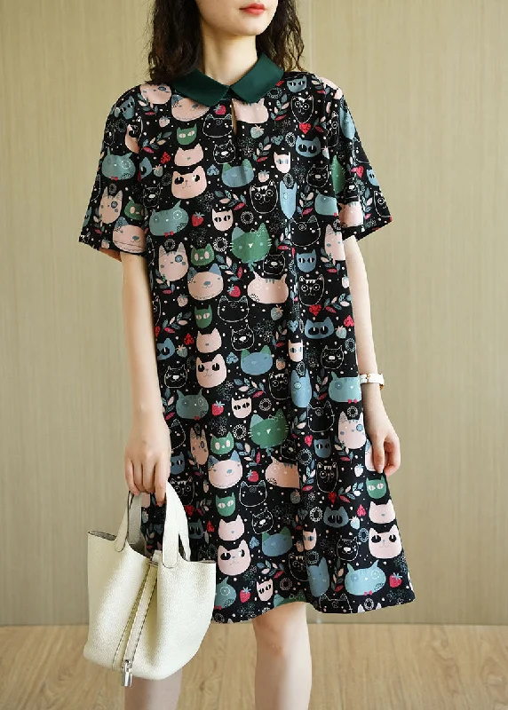 Diy Black Peter Pan Collar Zippered Cat Print Chiffon Mid Dress Short Sleeve