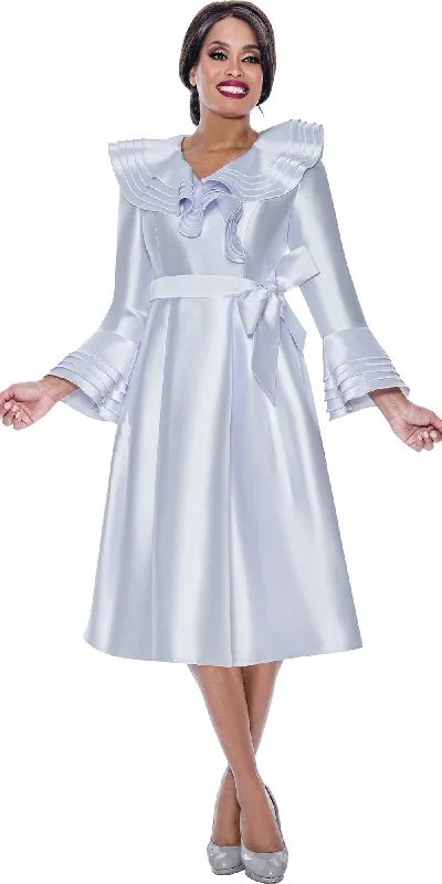 Dresses by Nubiano 12281 - White - Layered Collar and Cuff Sash Belt Dress