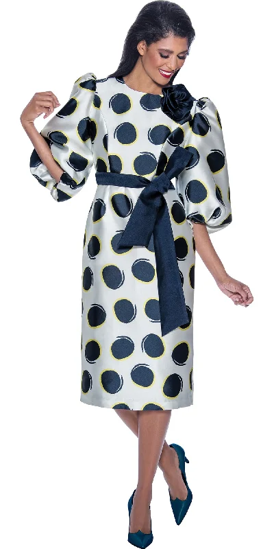 Dresses by Nubiano 12331 - Navy White - Dot Print Twill Print Sash Tie Dress