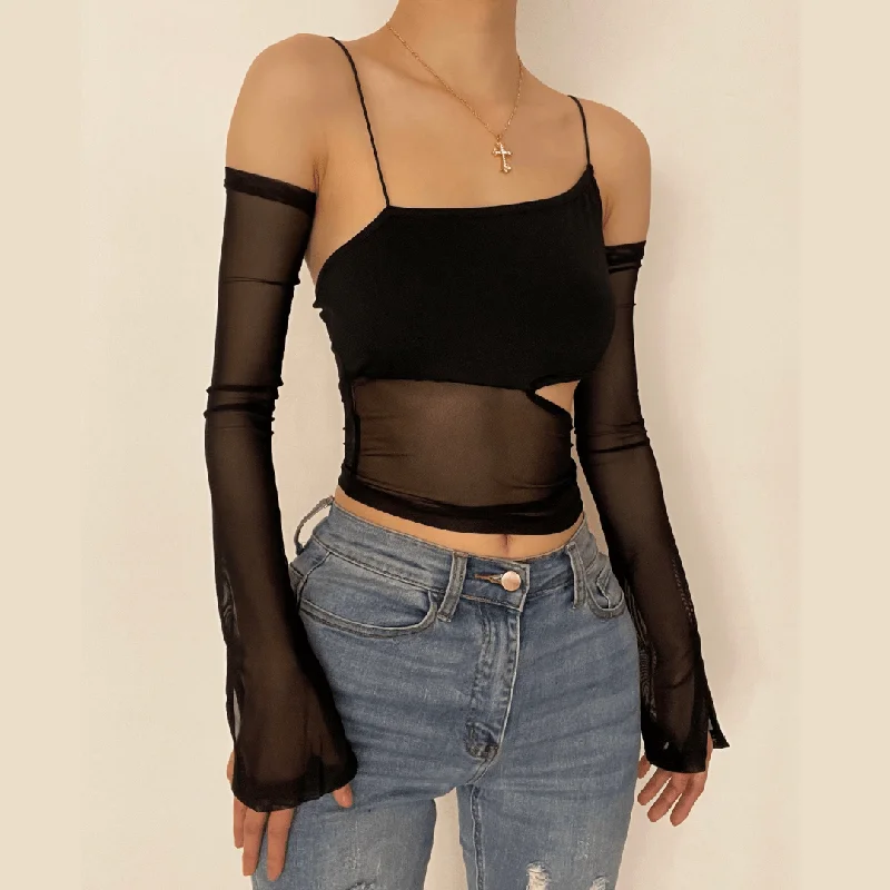 Hollow out one shoulder asymmetrical mesh long sleeve cut out top- Final Sale