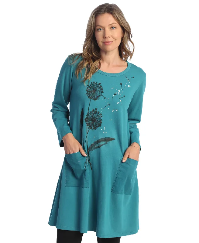 Jet Teal French Terry Dress with Linen Patch Pockets