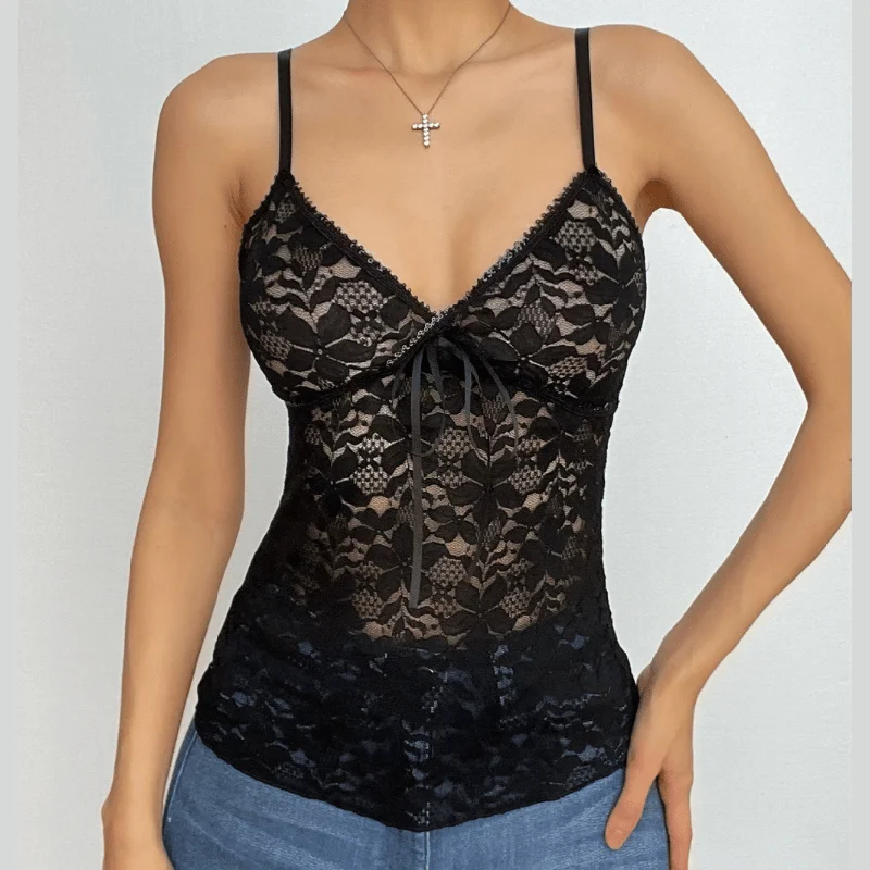 Lace see through solid v neck cami top