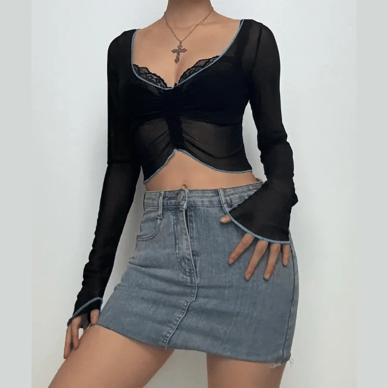 Long sleeve stitch sheer mesh ruffle crop top