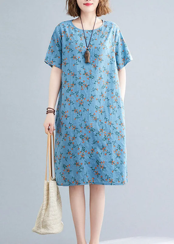 Loose Flower number Two O-Neck Print Linen Mid Dress Short Sleeve