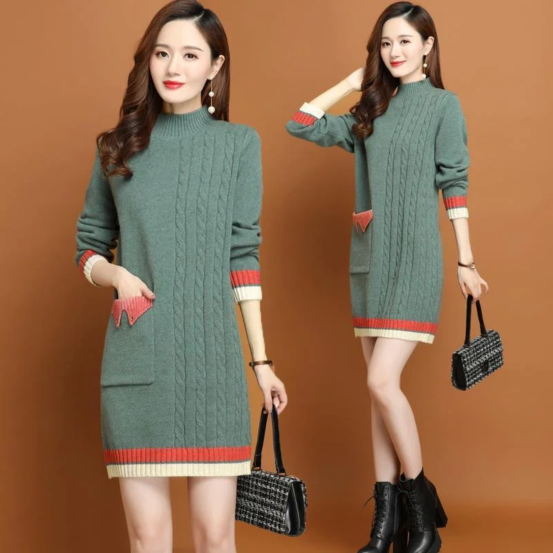 Mid-length Loose Casual Thickening Half Turtleneck Underwear Knitted Dress