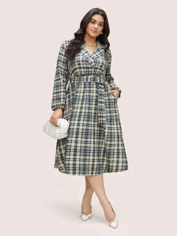 Plaid Suit Collar Pocket Belted Dress