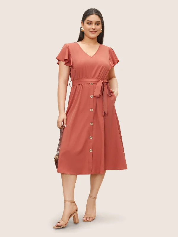 Plain Ruffle Cap Sleeve Button Detail Dress