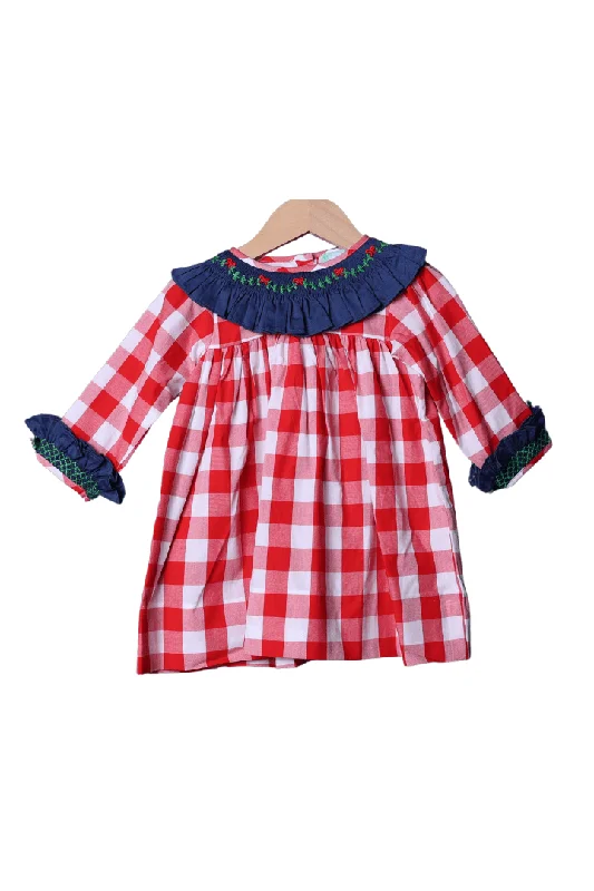 Smocked Red Christmas Gingham Ruffle Dress