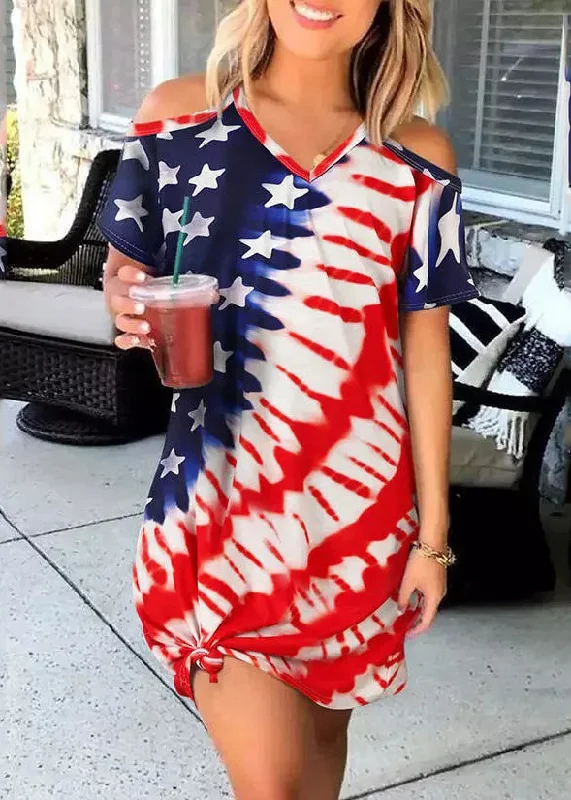 Sexy Red Blue V Neck Independence Day Print Off The Shoulder Spaghetti Strap Mid Dress Short Sleeve