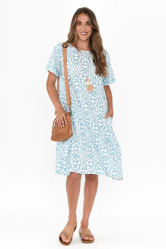 Shayann Blue Geo Linen Cotton Dress