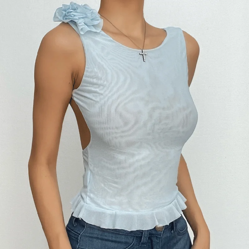 Sheer mesh flower applique see through sleeveless ruffle backless top