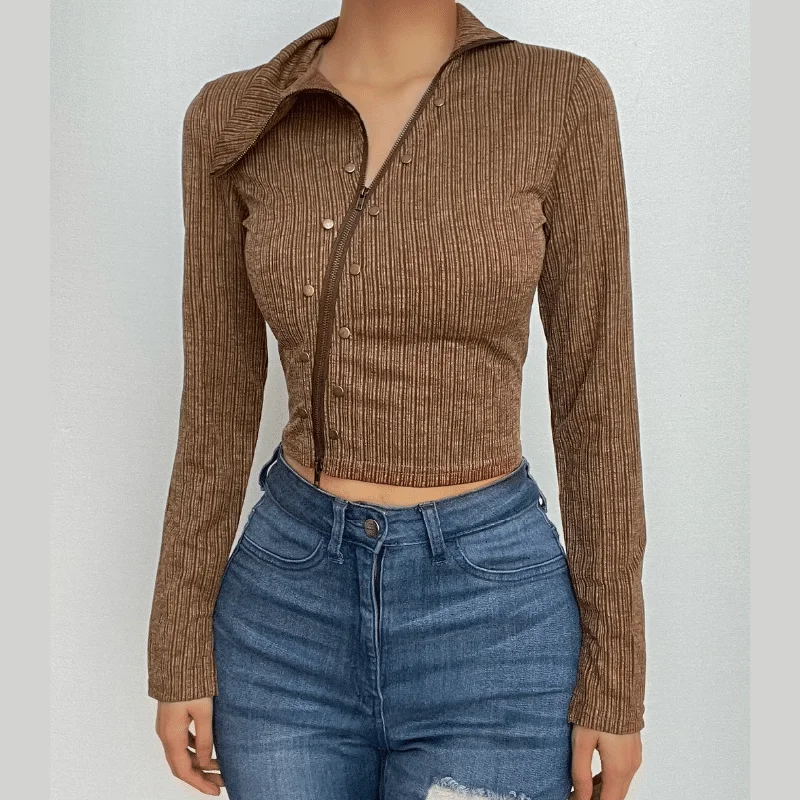 Textured irregular turnover collar zip-up long sleeve crop top