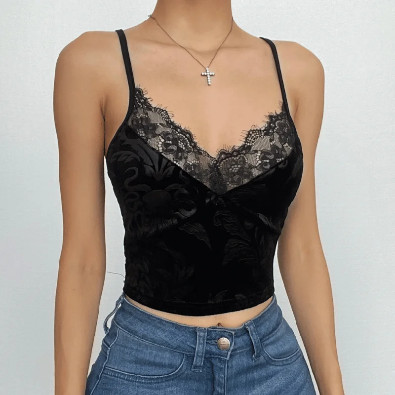 Velvet pattern eyelash lace v neck cami top