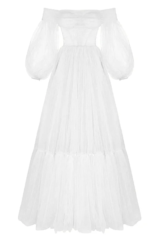 White Sheer Sleeves Maxi Tulle Dress