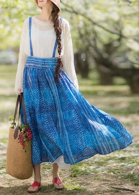 Women's Summer 2024 New Dress Blue Print Strap Skirt Swing Skirt