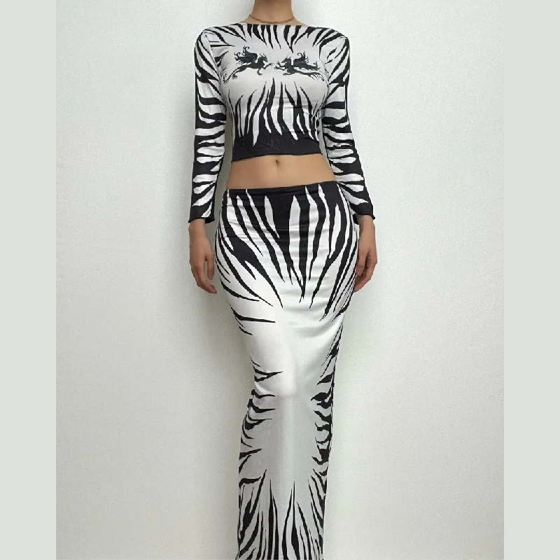 Abstract long sleeve contrast backless self tie maxi skirt set