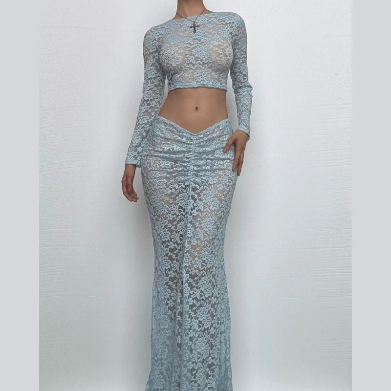 Long sleeve lace see through crop maxi skirt set