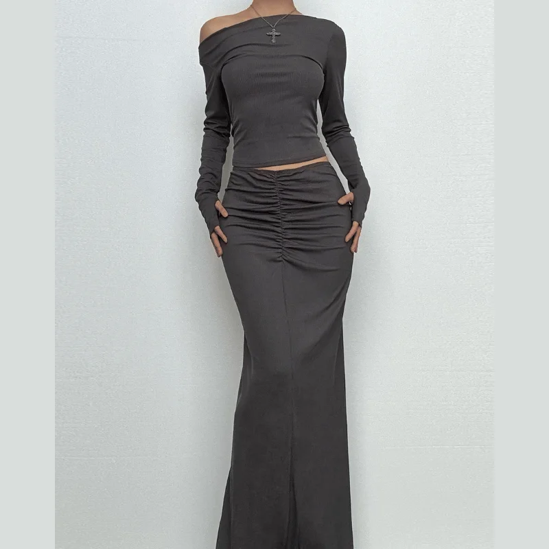 Long sleeve off shoulder ribbed ruched maxi skirt set