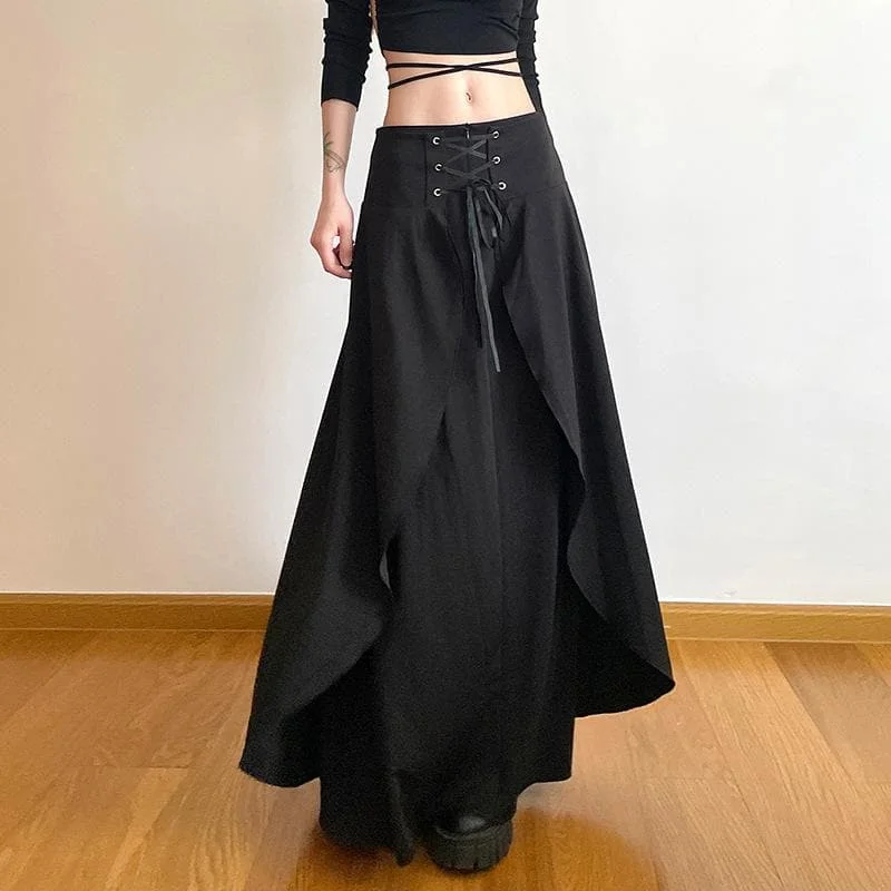 Solid lace up patchwork zip-up low rise maxi skirt