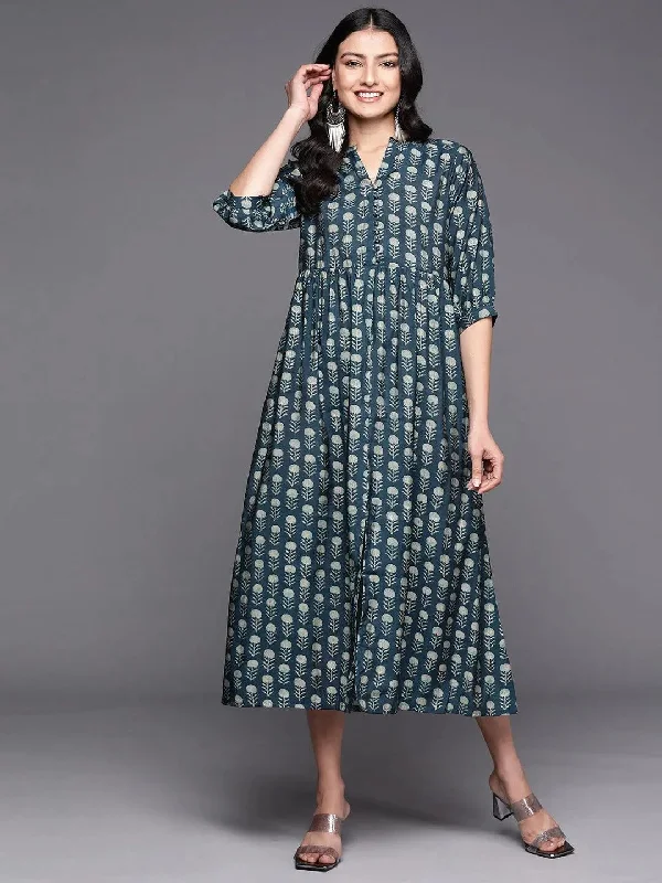 Blue Printed Silk Fit and Flare Dress